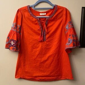 beachlunchlounge Red Blouse with Blue Embroidery